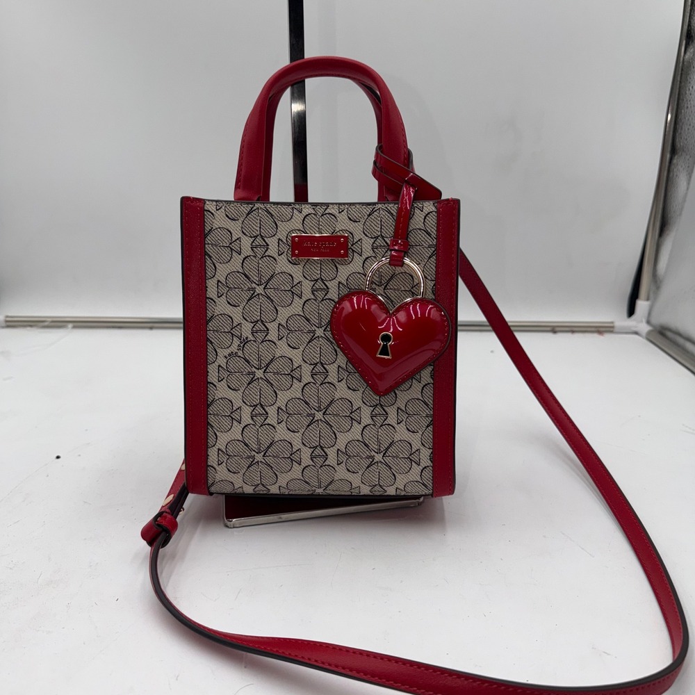 kate spade Red and Beige Printed Crossbody Tote with Heart Charm - Picture 2 of 11